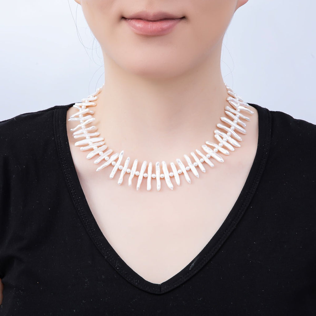 Stainless Steel White, Pink Biwa Freshwater Pearl 16.5 Inch Choker Necklace | WA-04490 WA-04491