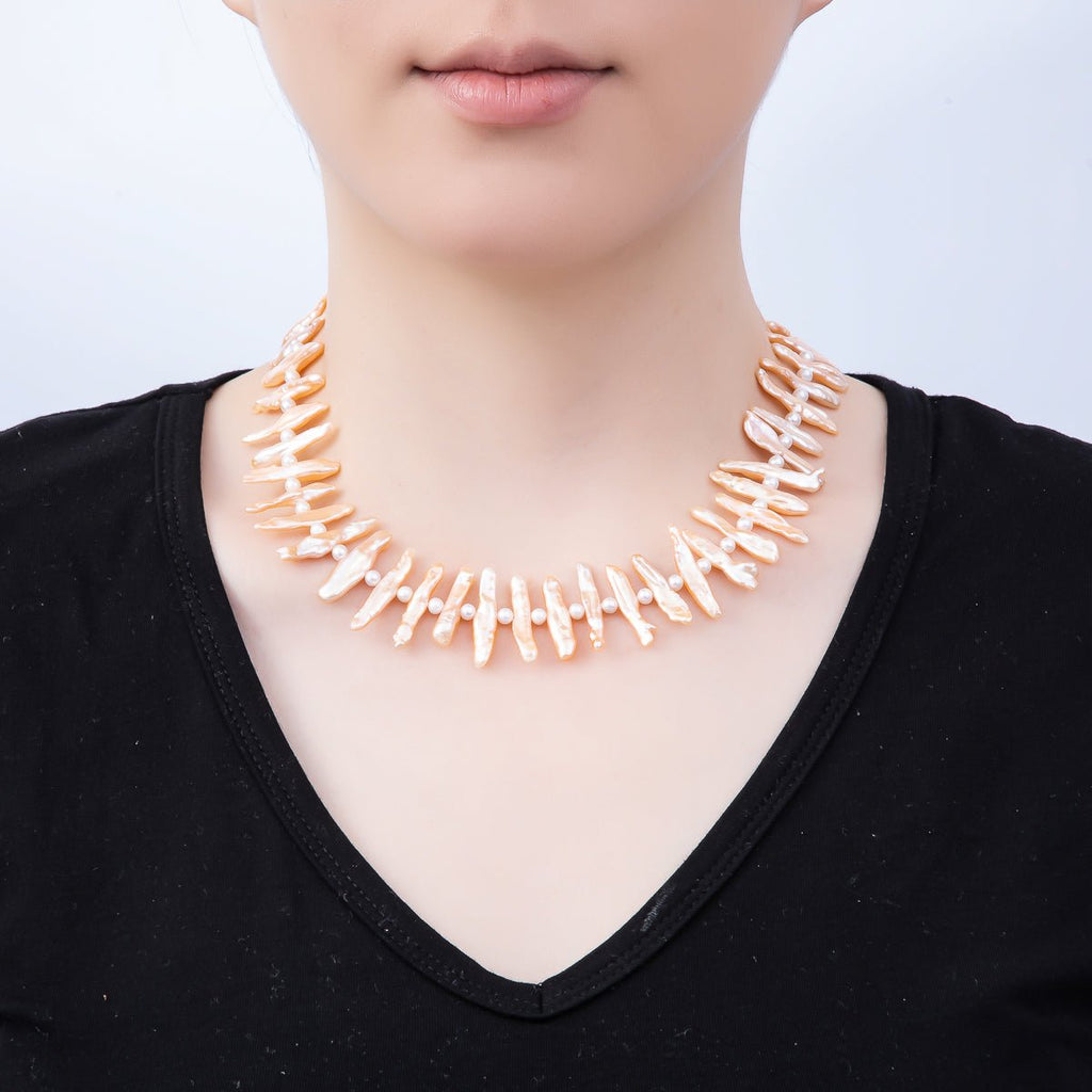 Stainless Steel White, Pink Biwa Freshwater Pearl 16.5 Inch Choker Necklace | WA-04490 WA-04491
