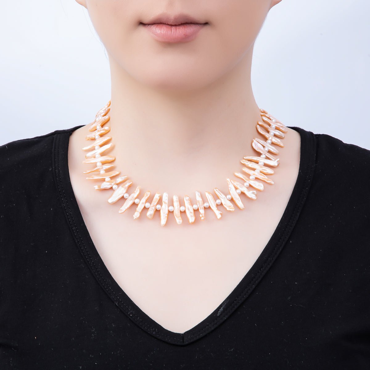 Stainless Steel White, Pink Biwa Freshwater Pearl 16.5 Inch Choker Necklace | WA-04490 WA-04491