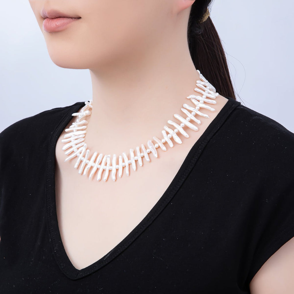Stainless Steel White, Pink Biwa Freshwater Pearl 16.5 Inch Choker Necklace | WA-04490 WA-04491