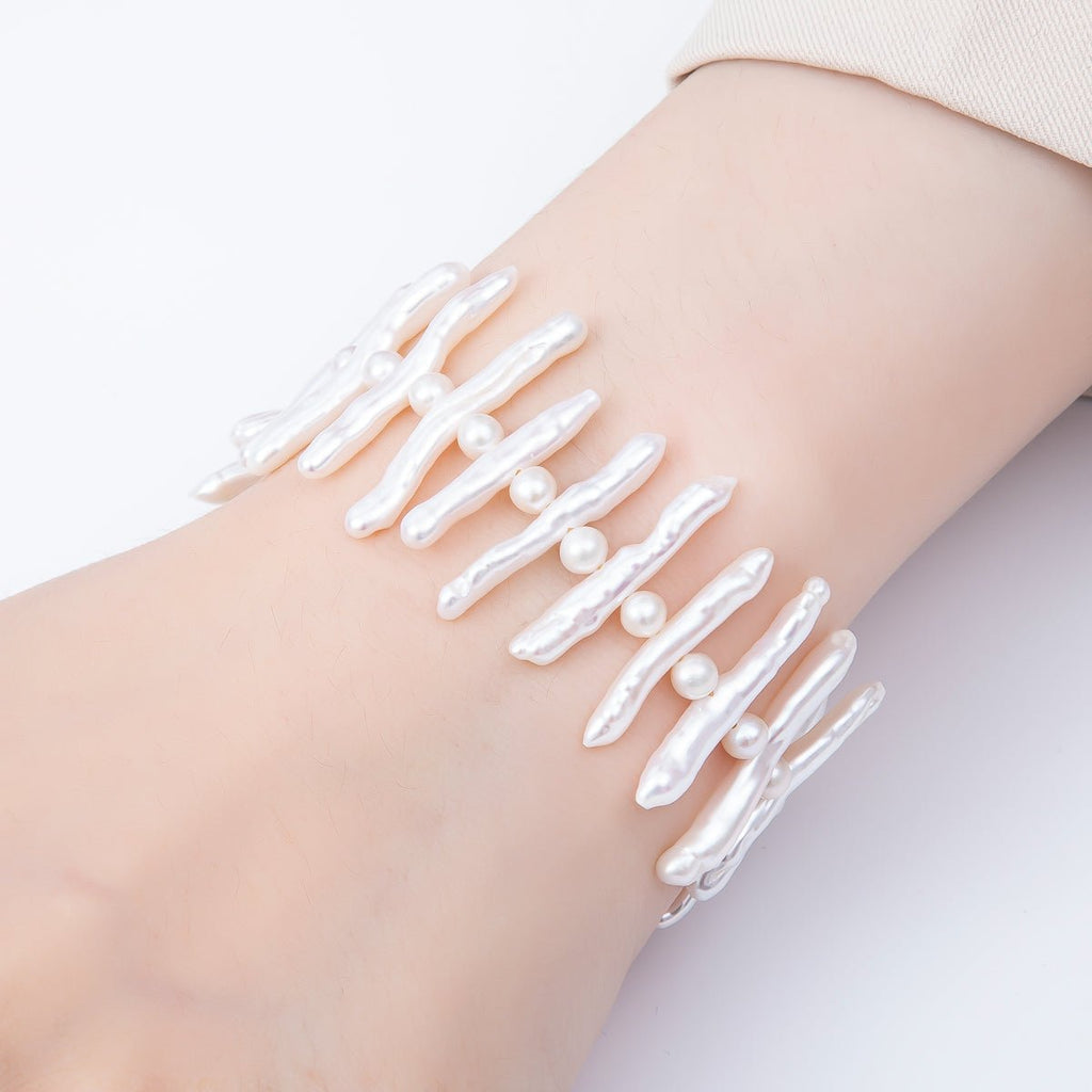 Stainless Steel White, Pink Biwa Freshwater Pearl 7 Inch Bracelet w. Toggle Closure | WA-04494 WA-04495