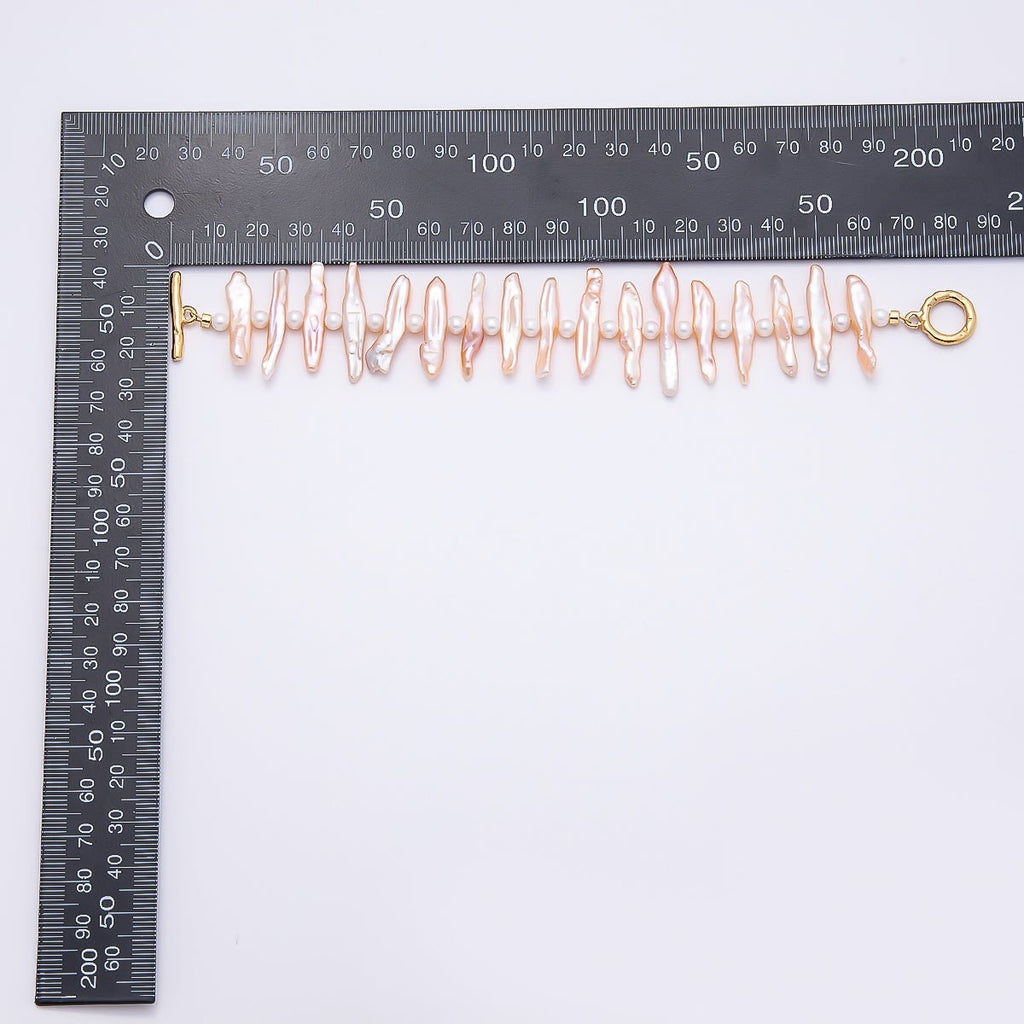 Stainless Steel White, Pink Biwa Freshwater Pearl 7 Inch Bracelet w. Toggle Closure | WA-04494 WA-04495