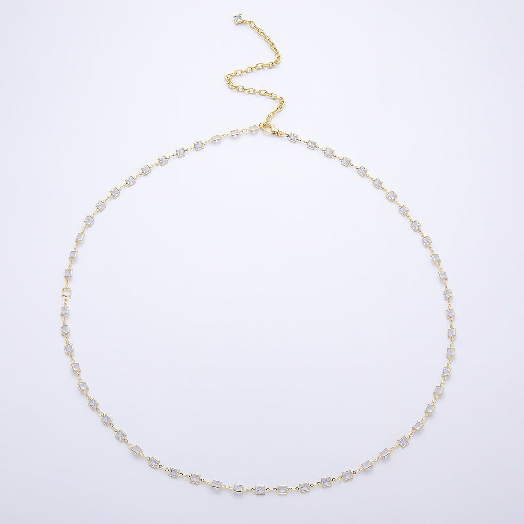 SUMMER 16K Gold Filled 4mm Clear CZ Bezel Baguette Chain Belly Waist Chain | WA-04716