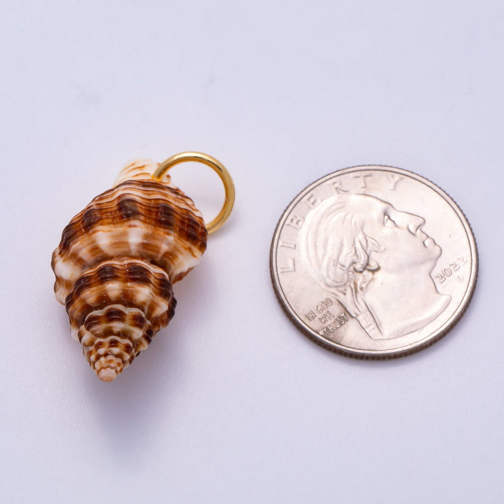 SUMMER 18K Gold Filled 33mm Natural Brown Striped Conch Shell Spiral Charm | Charms-00557