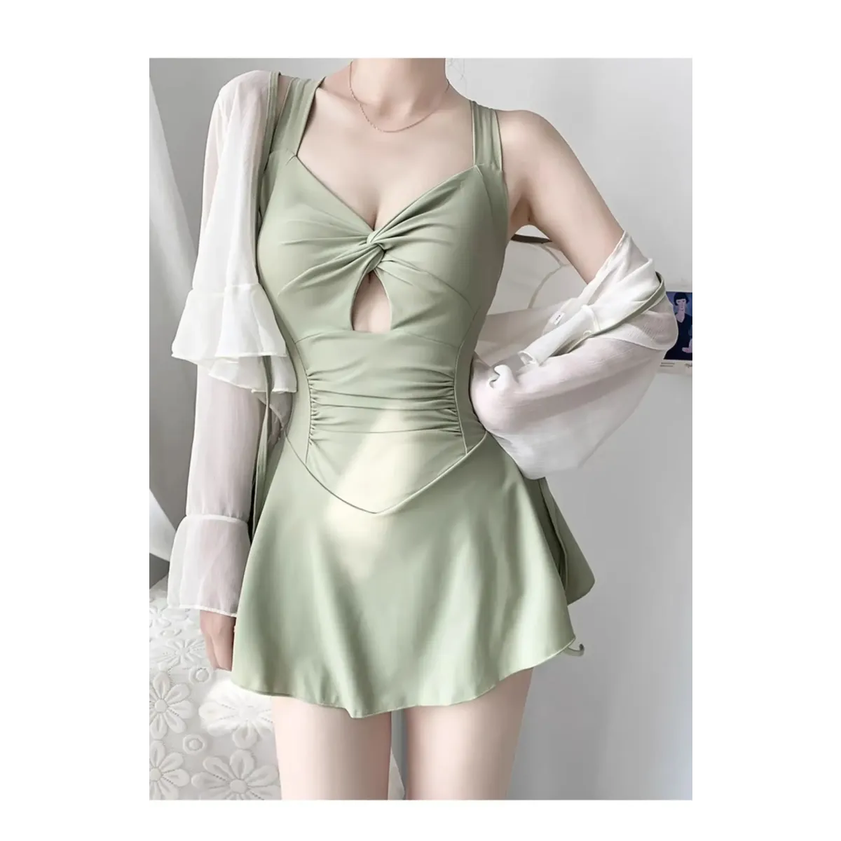 Pleated Cutout Swimsuit Dress – Korean Sexy Summer 2025 Swimwear