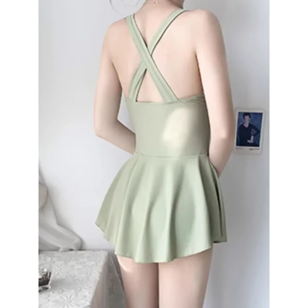 Pleated Cutout Swimsuit Dress – Korean Sexy Summer 2025 Swimwear