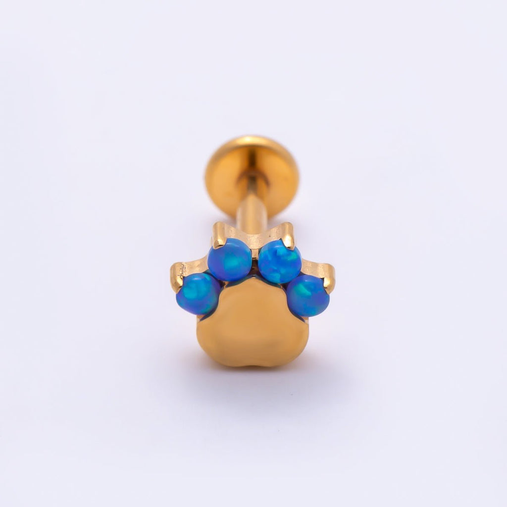 Titanium 11mm Blue Opal Paw Print Cartilage Piercing Flat Back Stud in Gold & Silver | BJ-00211 BJ-00212