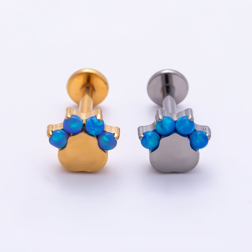 Titanium 11mm Blue Opal Paw Print Cartilage Piercing Flat Back Stud in Gold & Silver | BJ-00211 BJ-00212