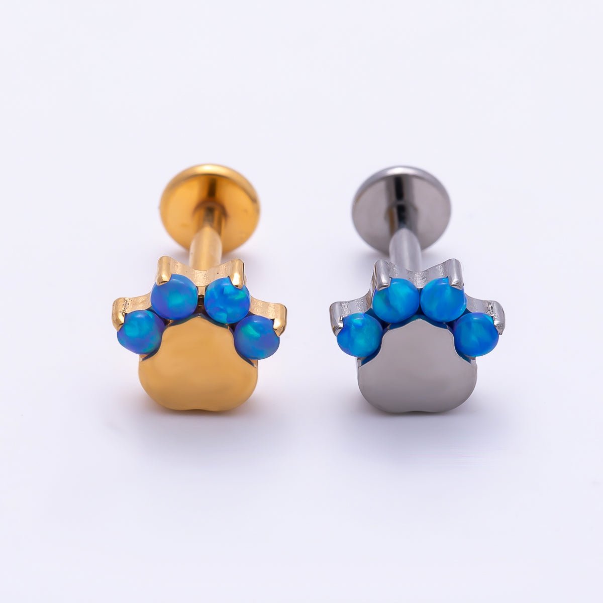 Titanium 11mm Blue Opal Paw Print Cartilage Piercing Flat Back Stud in Gold & Silver | BJ-00211 BJ-00212