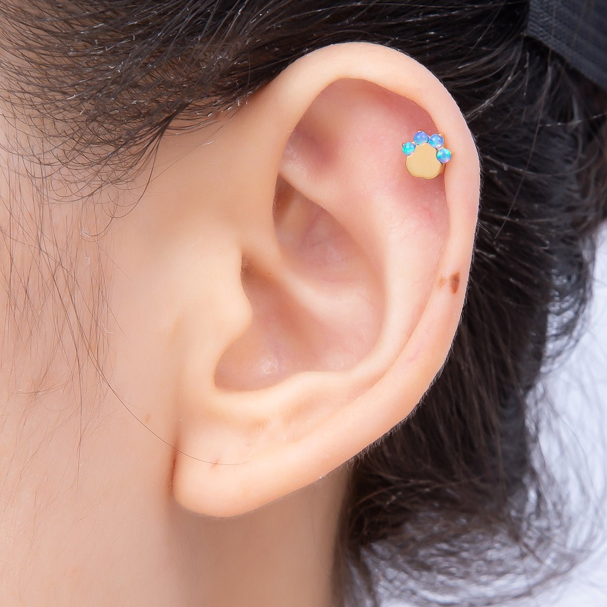 Titanium 11mm Blue Opal Paw Print Cartilage Piercing Flat Back Stud in Gold & Silver | BJ-00211 BJ-00212