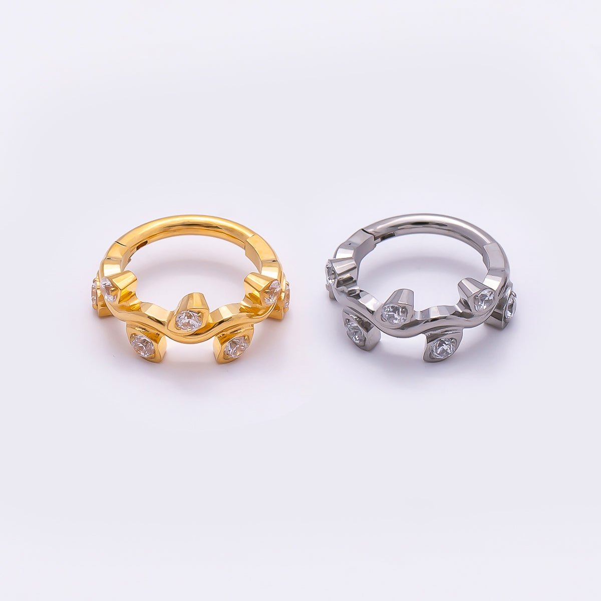 Titanium 11mm CZ Leaf Single Septum Cartilage Piercing Clicker in Gold & Silver | BJ-00100 BJ-00101