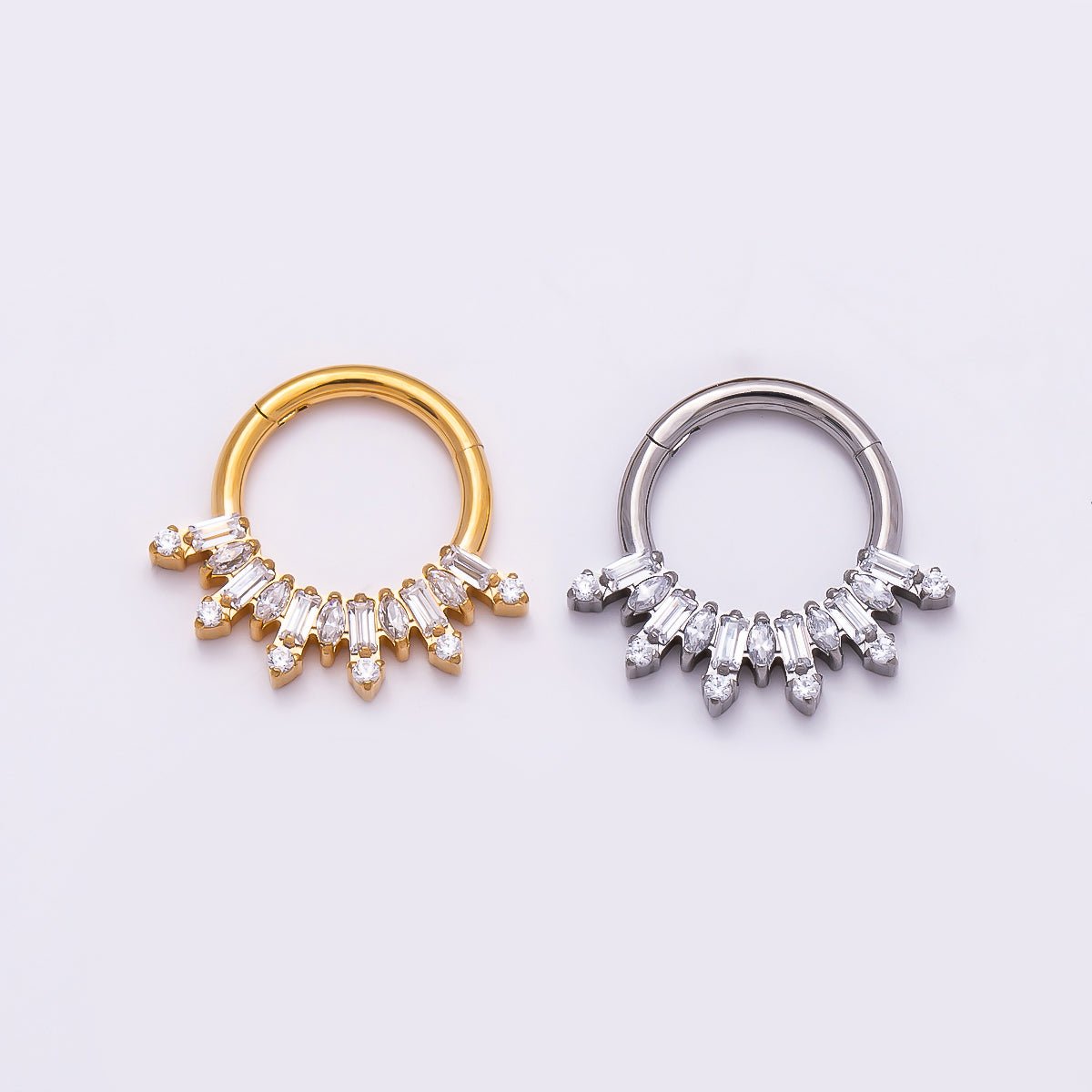 Titanium 13mm Clear CZ Baguette Single Septum Cartilage Piercing Clicker in Gold & Silver | BJ-00136 BJ-001367