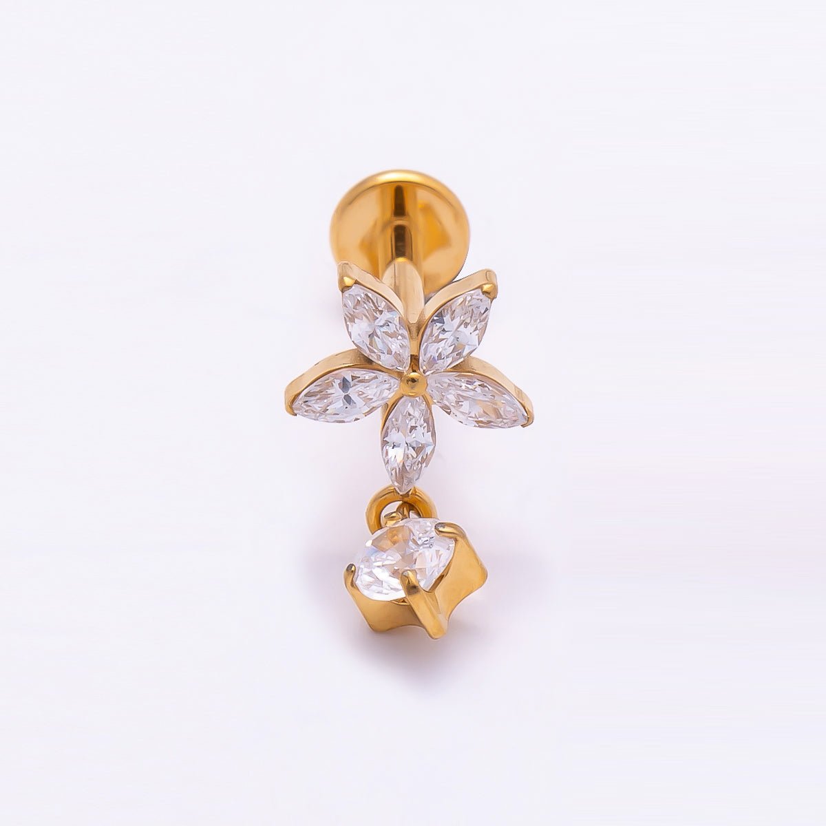 Titanium 13mm Clear CZ Flower Drop Cartilage Piercing Flat Back Stud in Gold & Silver | BJ-00170 BJ-00171