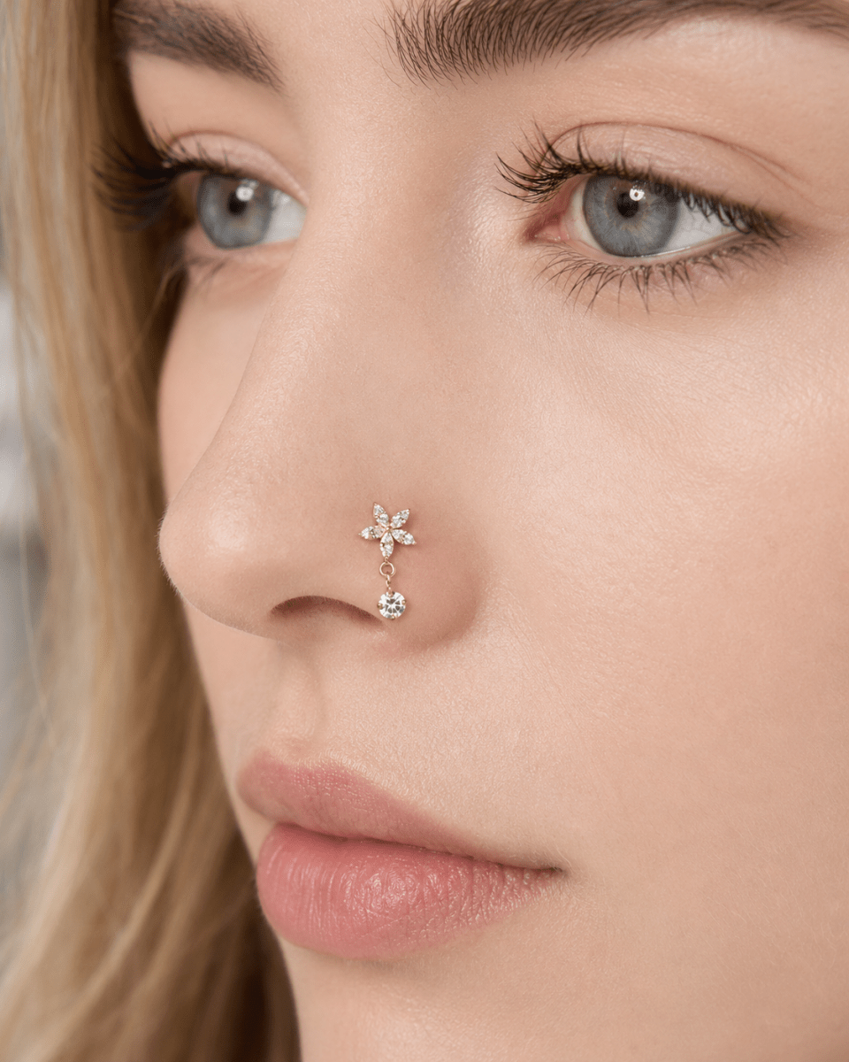 Titanium 13mm Clear CZ Flower Drop Cartilage Piercing Flat Back Stud in Gold & Silver | BJ-00170 BJ-00171