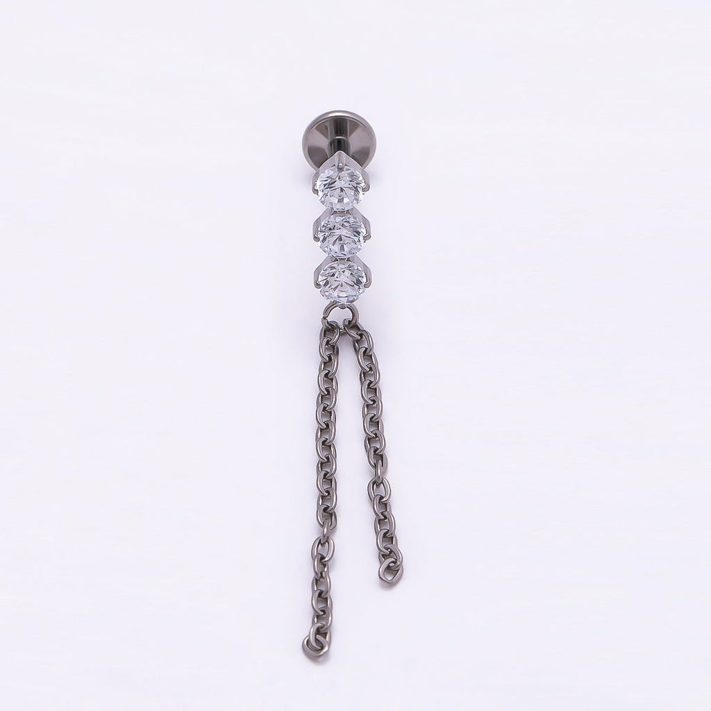 Titanium 31.5mm Triple CZ Chain Drop Cartilage Piercing Flat Back Stud | BJ-00141
