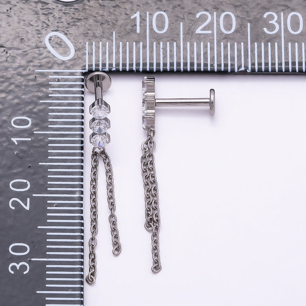 Titanium 31.5mm Triple CZ Chain Drop Cartilage Piercing Flat Back Stud | BJ-00141
