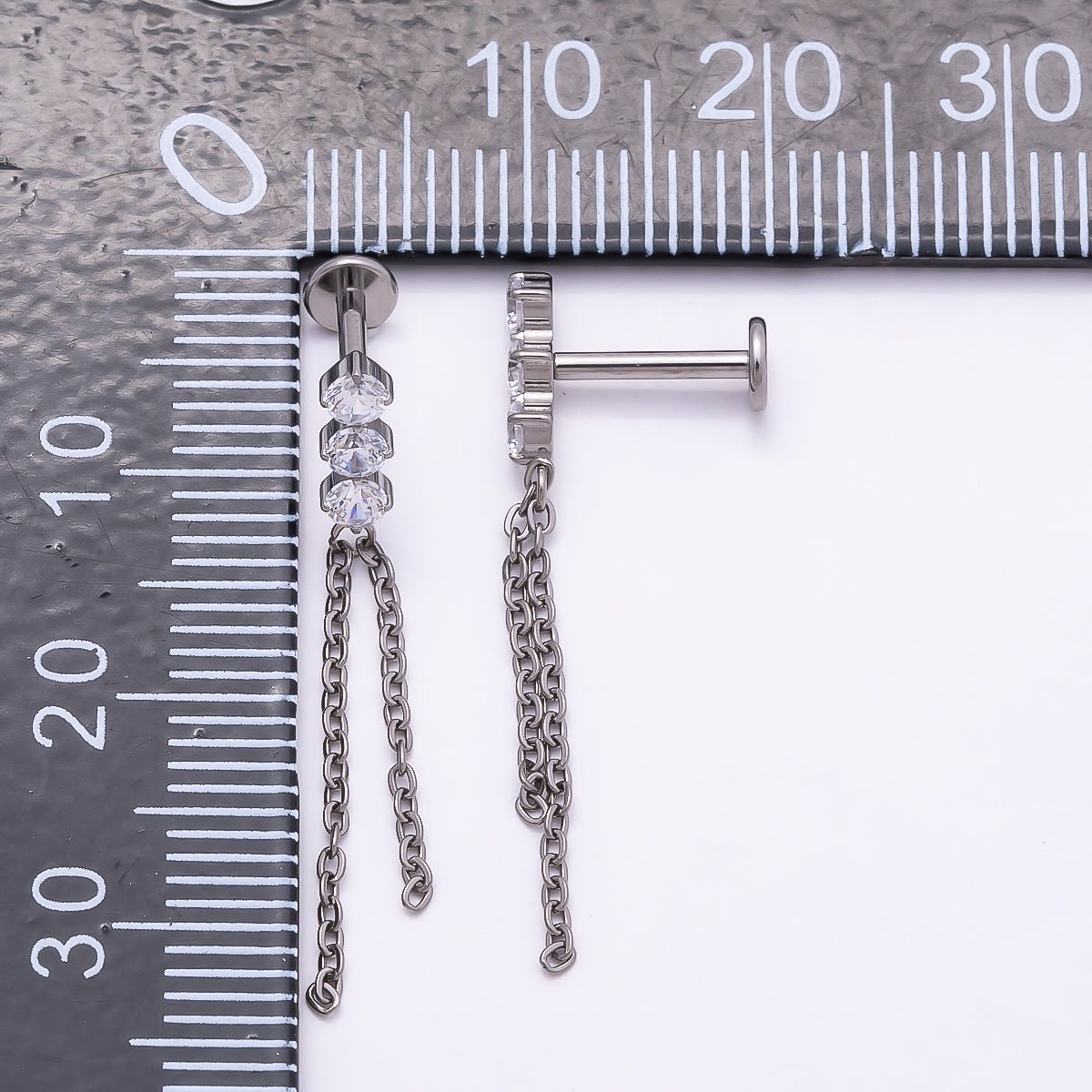 Titanium 31.5mm Triple CZ Chain Drop Cartilage Piercing Flat Back Stud | BJ-00141