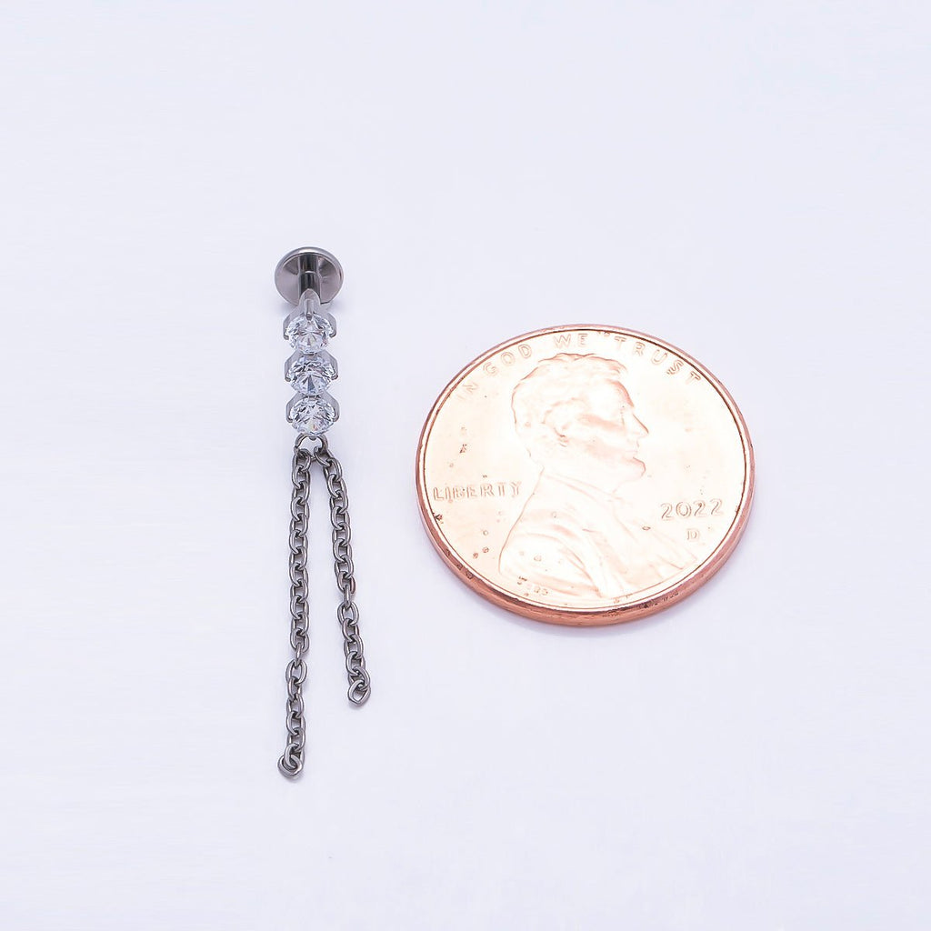 Titanium 31.5mm Triple CZ Chain Drop Cartilage Piercing Flat Back Stud | BJ-00141
