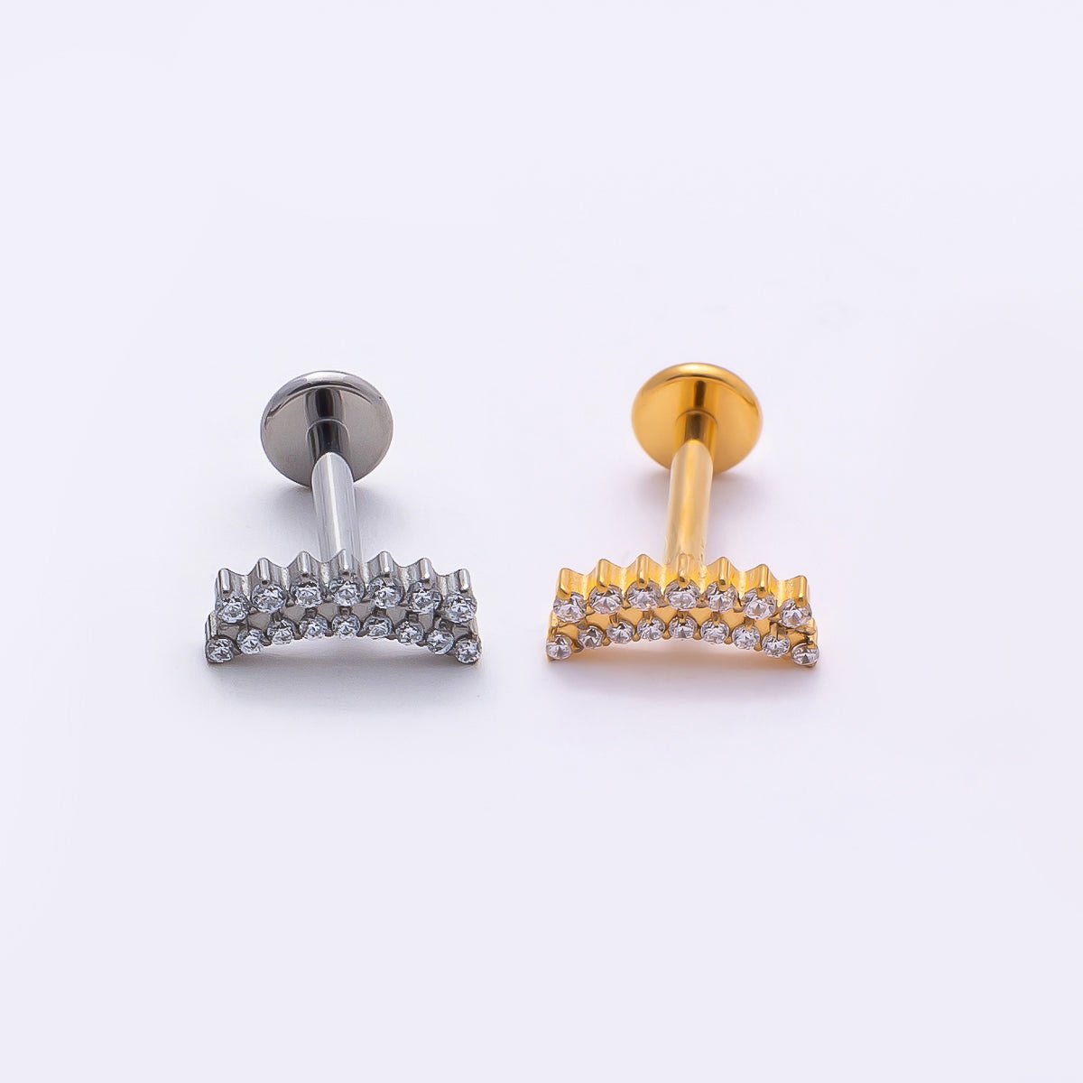Titanium 3.5mm Clear CZ Double Curved Cartilage Piercing Flat Back Stud in Gold & Silver | BJ-00180 BJ-00181