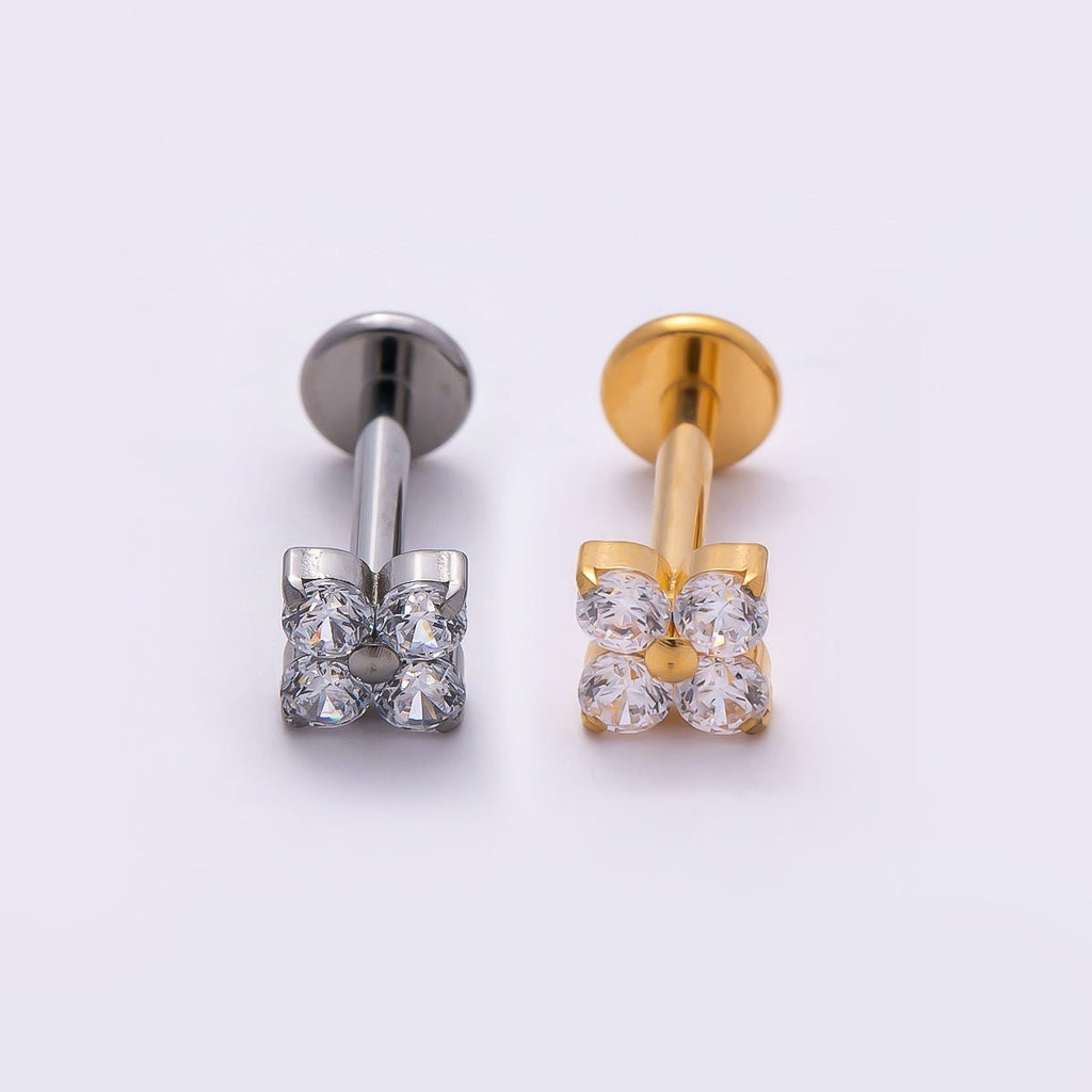 Titanium 4mm Clear CZ Flower Single Cartilage Piercing Flat Back Stud in Gold & Silver | BJ-00160 BJ-00161