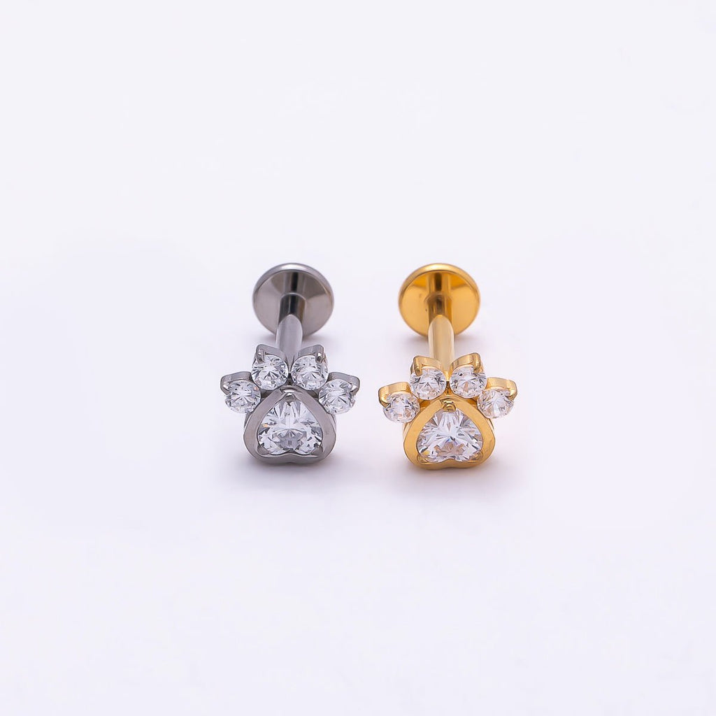 Titanium 5.5mm Clear CZ Pawprint Cartilage Piercing Flat Back Stud in Gold & Silver | BJ-00186 BJ-00187