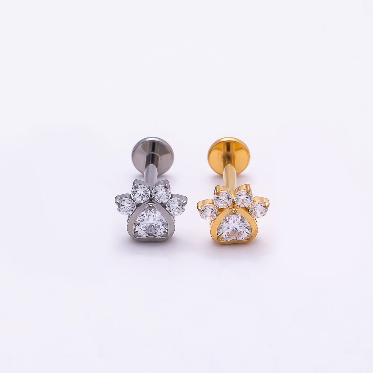 Titanium 5.5mm Clear CZ Pawprint Cartilage Piercing Flat Back Stud in Gold & Silver | BJ-00186 BJ-00187