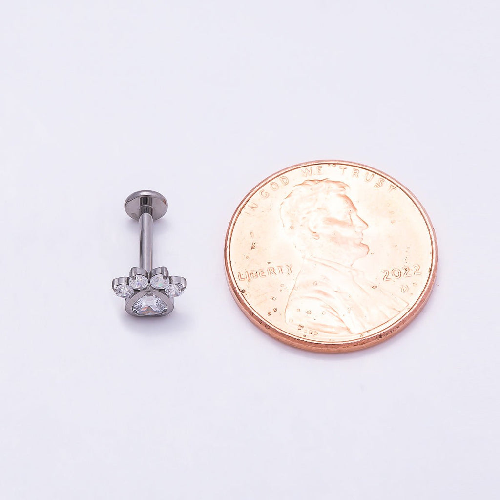 Titanium 5.5mm Clear CZ Pawprint Cartilage Piercing Flat Back Stud in Gold & Silver | BJ-00186 BJ-00187