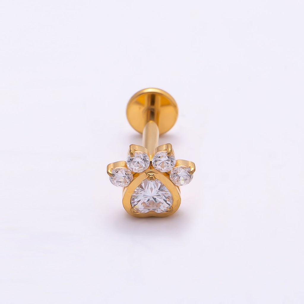 Titanium 5.5mm Clear CZ Pawprint Cartilage Piercing Flat Back Stud in Gold & Silver | BJ-00186 BJ-00187