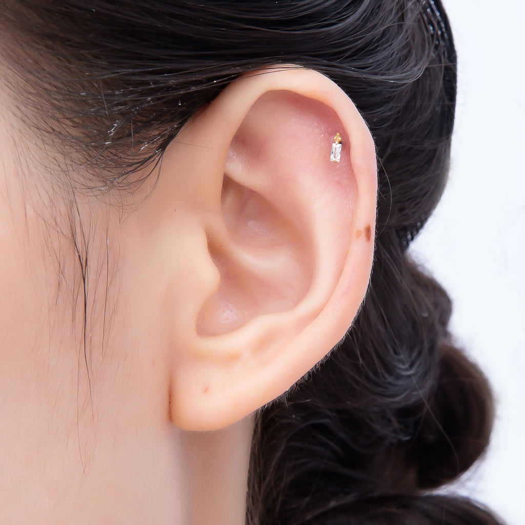 Titanium 5mm Baguette CZ Single Cartilage Piercing Flat Back Stud in Gold & Silver | BJ-00021 BJ-00022