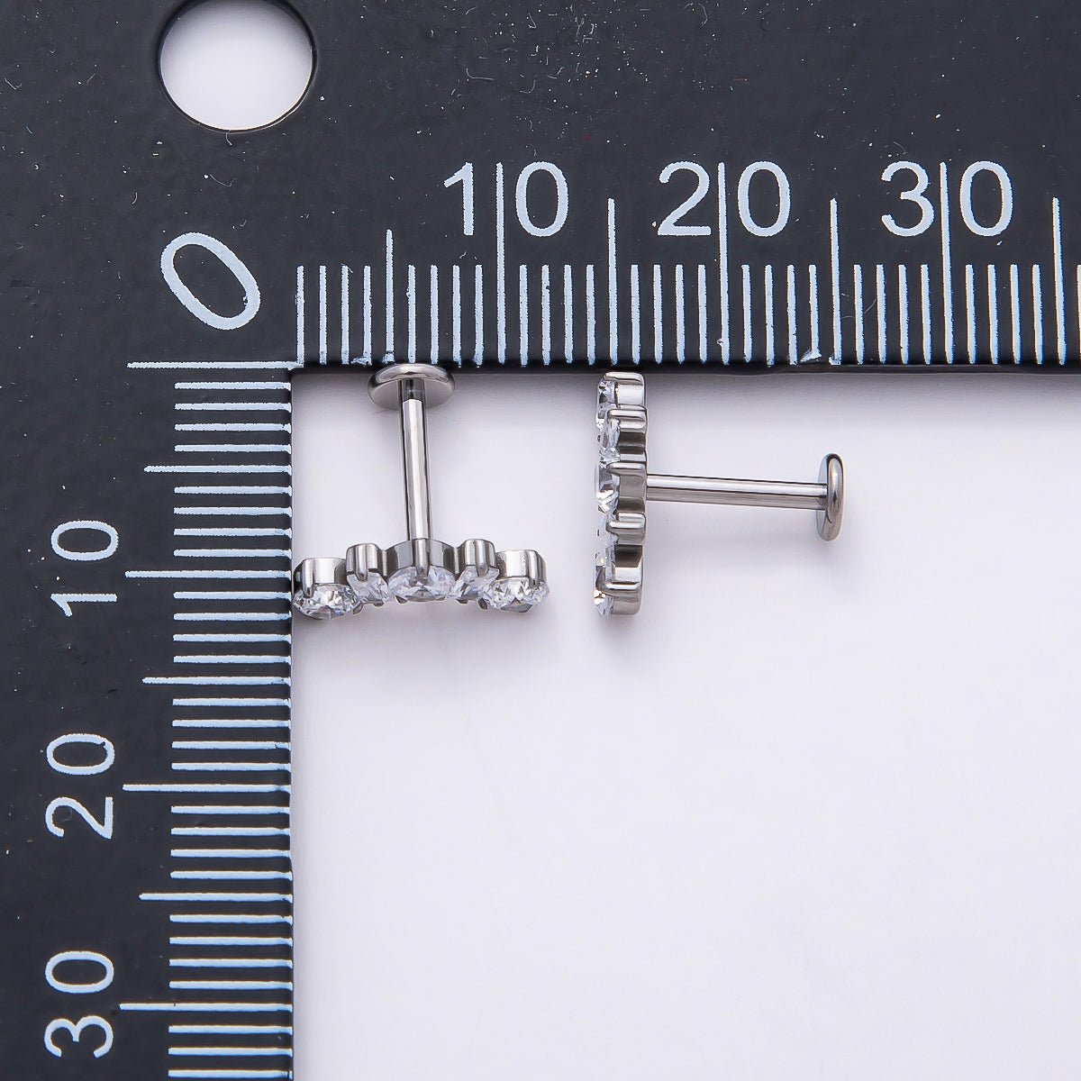 Titanium 5mm Clear CZ Round Baguette Curved Cartilage Piercing Flat Back Stud in Gold & Silver | BJ-00196 BJ-00197