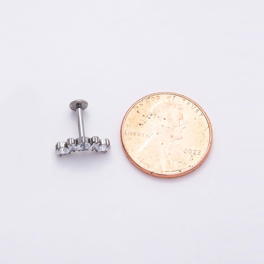 Titanium 5mm Clear CZ Round Baguette Curved Cartilage Piercing Flat Back Stud in Gold & Silver | BJ-00196 BJ-00197