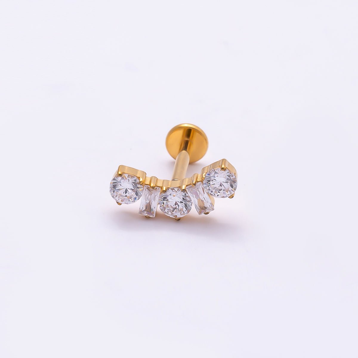 Titanium 5mm Clear CZ Round Baguette Curved Cartilage Piercing Flat Back Stud in Gold & Silver | BJ-00196 BJ-00197