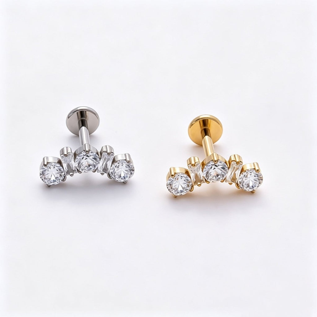 Titanium 5mm Clear CZ Round Baguette Curved Cartilage Piercing Flat Back Stud in Gold & Silver | BJ-00196 BJ-00197