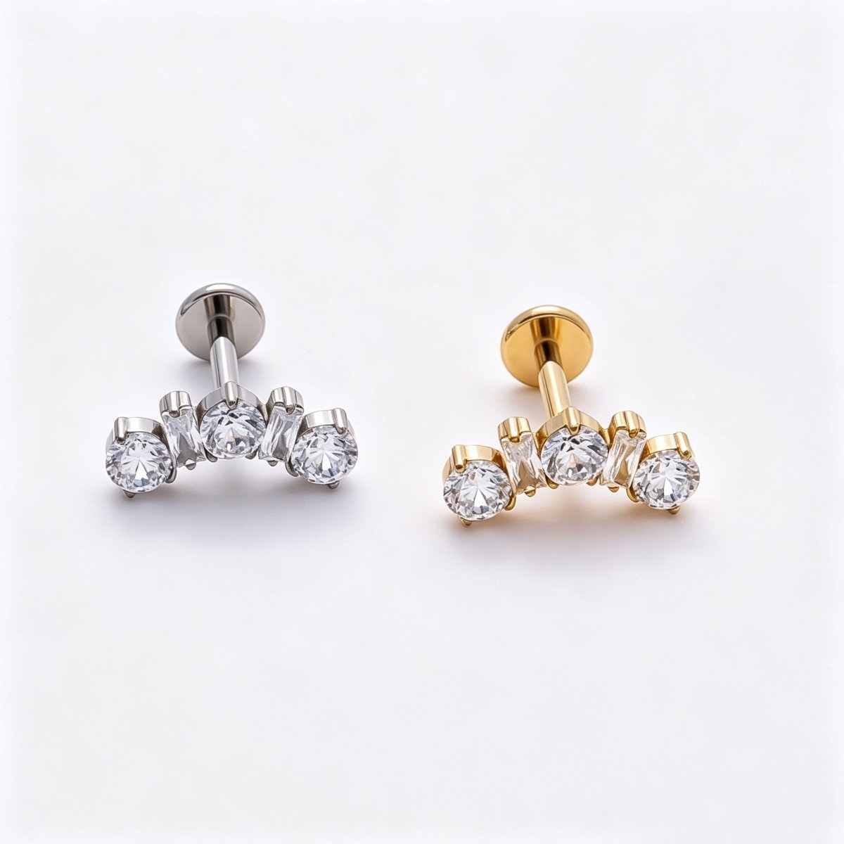 Titanium 5mm Clear CZ Round Baguette Curved Cartilage Piercing Flat Back Stud in Gold & Silver | BJ-00196 BJ-00197