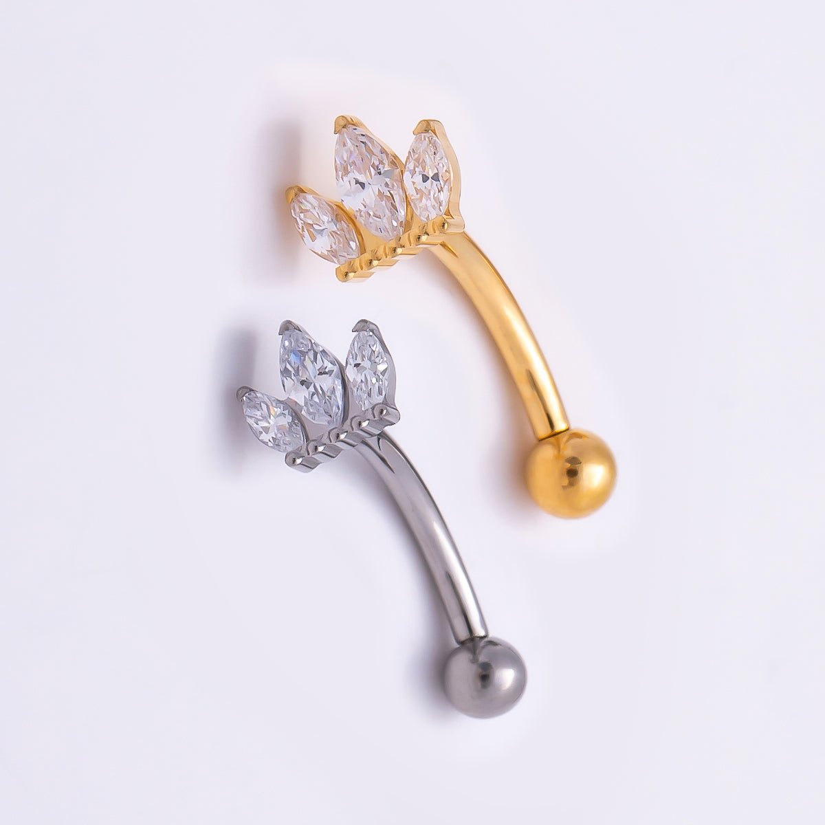 Titanium 5mm Triple Marquise CZ Curved Eyebrow Barbell Piercing Stud in Gold & Silver | BJ-00150 BJ-00151