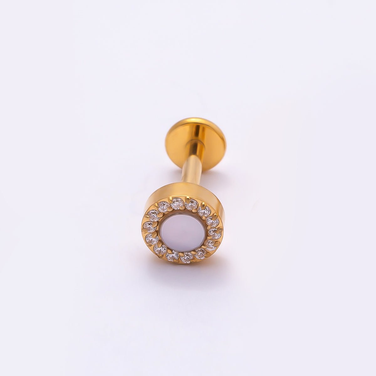 Titanium 5mm White Opal Micro Paved CZ Round Cartilage Piercing Flat Back Stud in Gold & Silver | BJ-00182 BJ-00183