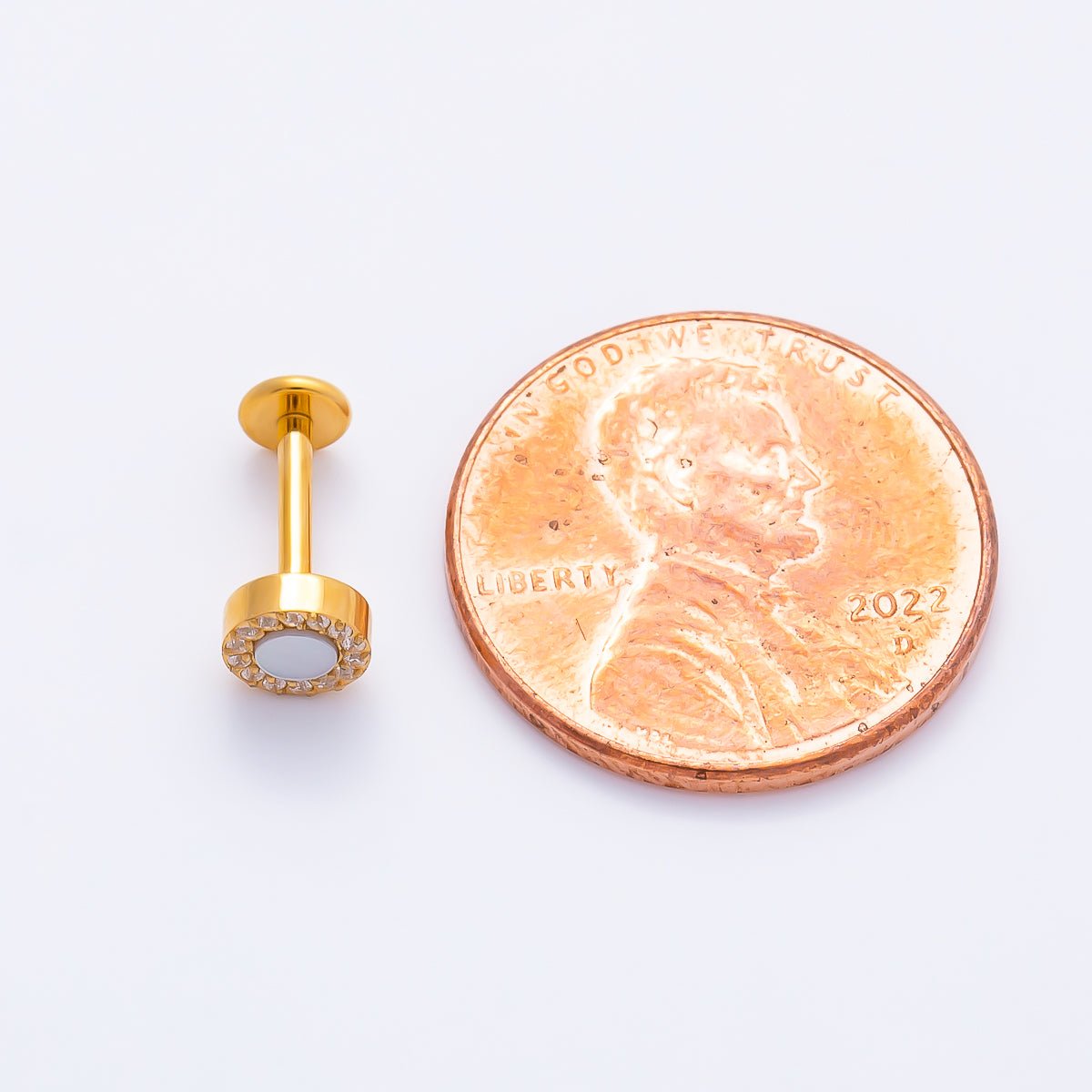 Titanium 5mm White Opal Micro Paved CZ Round Cartilage Piercing Flat Back Stud in Gold & Silver | BJ-00182 BJ-00183