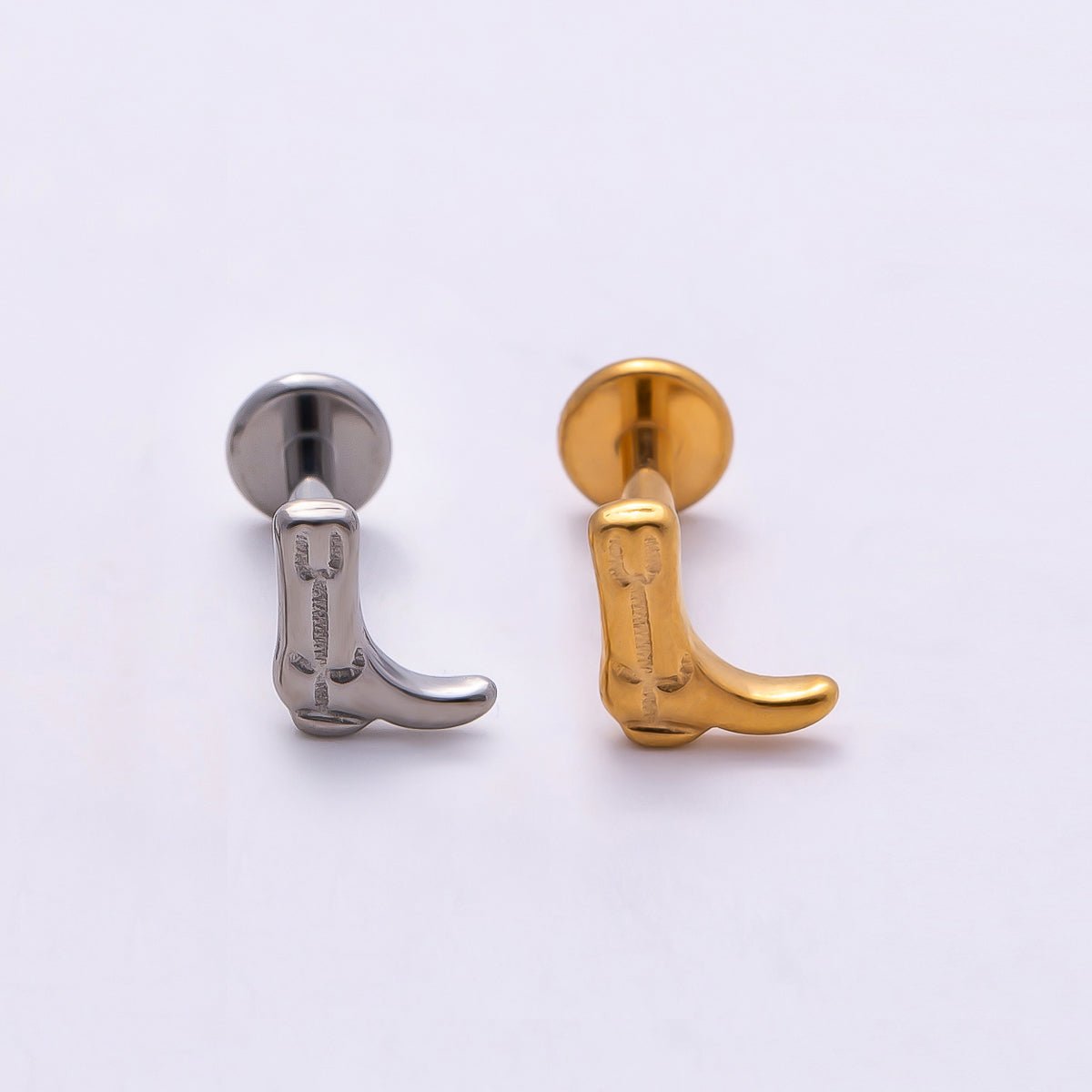 Titanium 6mm Cowboy Boot Cartilage Piercing Flat Back Stud in Gold & Silver | BJ-00188 BJ-00189