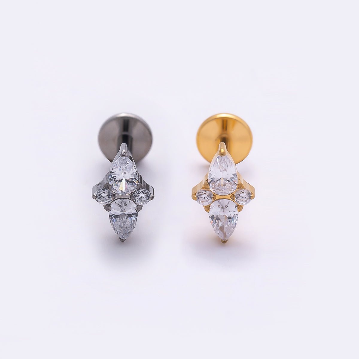 Titanium 7mm Clear CZ Teardrop Star Cartilage Piercing Flat Back Stud in Gold & Silver | BJ-00144 BJ-00145