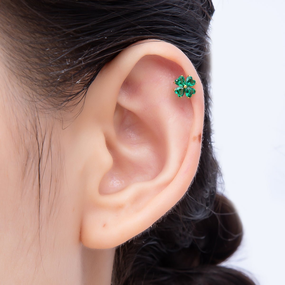 Titanium 7mm Green CZ Flower Cartilage Piercing Flat Back Stud in Gold & Silver | BJ-00190 BJ-00191