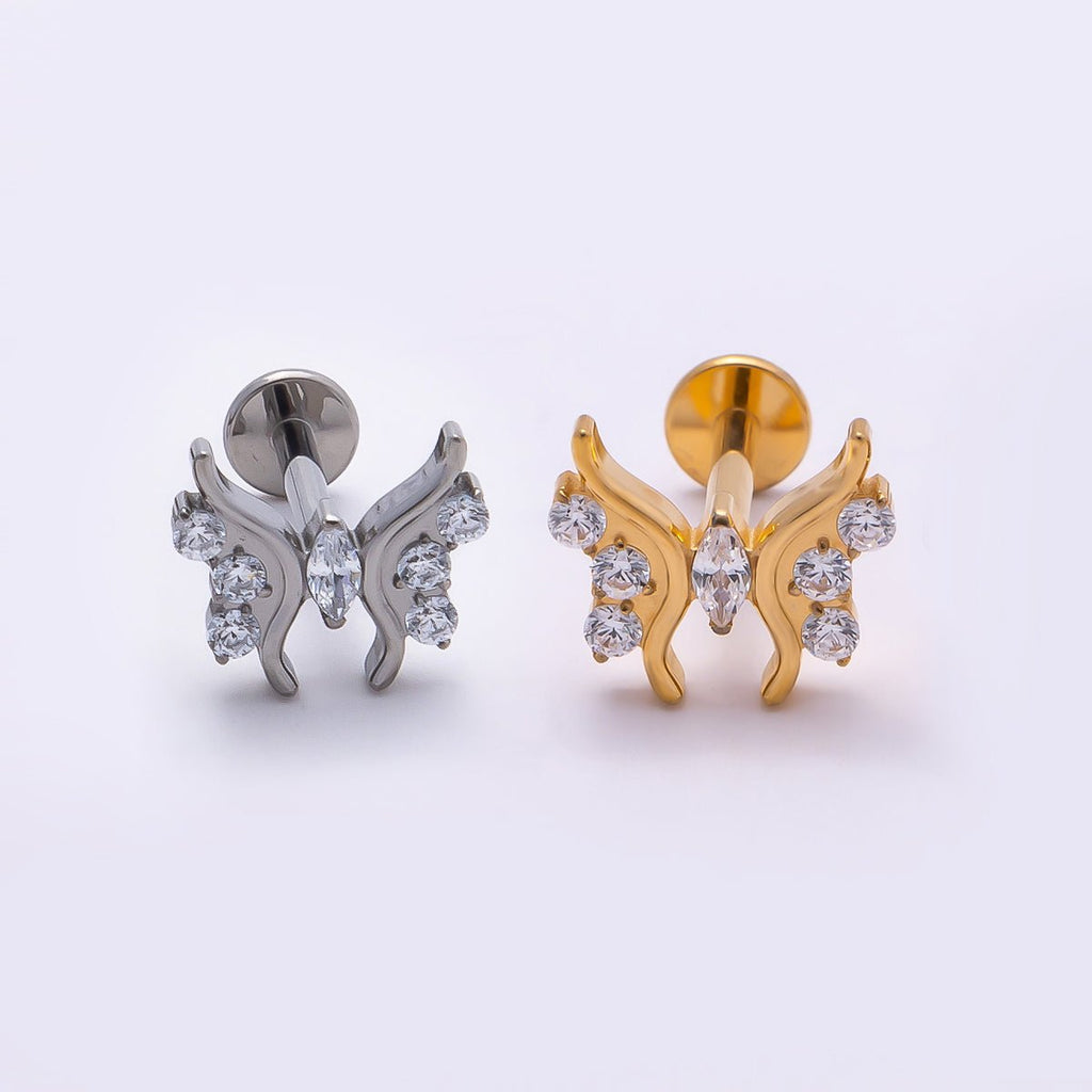 Titanium 9mm Clear Marquise CZ Butterfly Cartilage Piercing Flat Back Stud in Gold & Silver | BJ-00184 BJ-00185