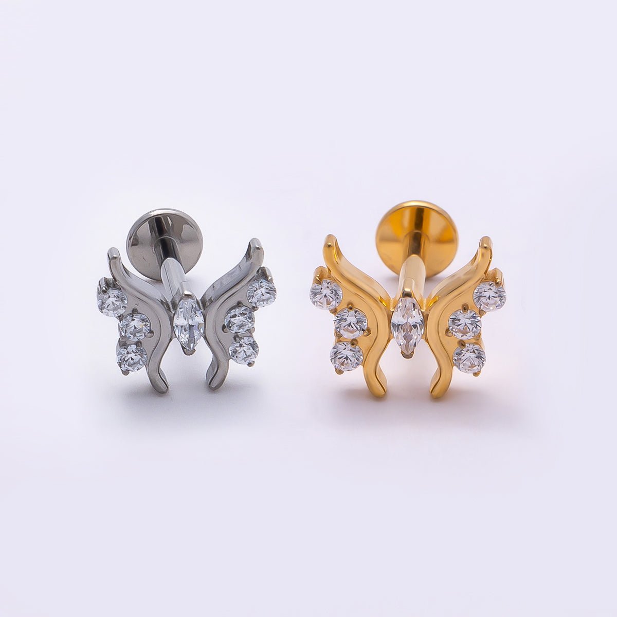 Titanium 9mm Clear Marquise CZ Butterfly Cartilage Piercing Flat Back Stud in Gold & Silver | BJ-00184 BJ-00185