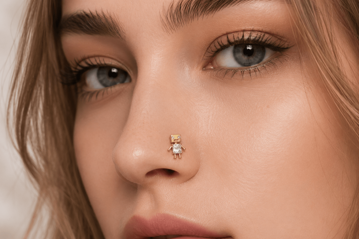 Titanium Clear CZ Robot Cartilage Piercing Flat Back Stud in Gold & Silver | BJ-00088 BJ-00089