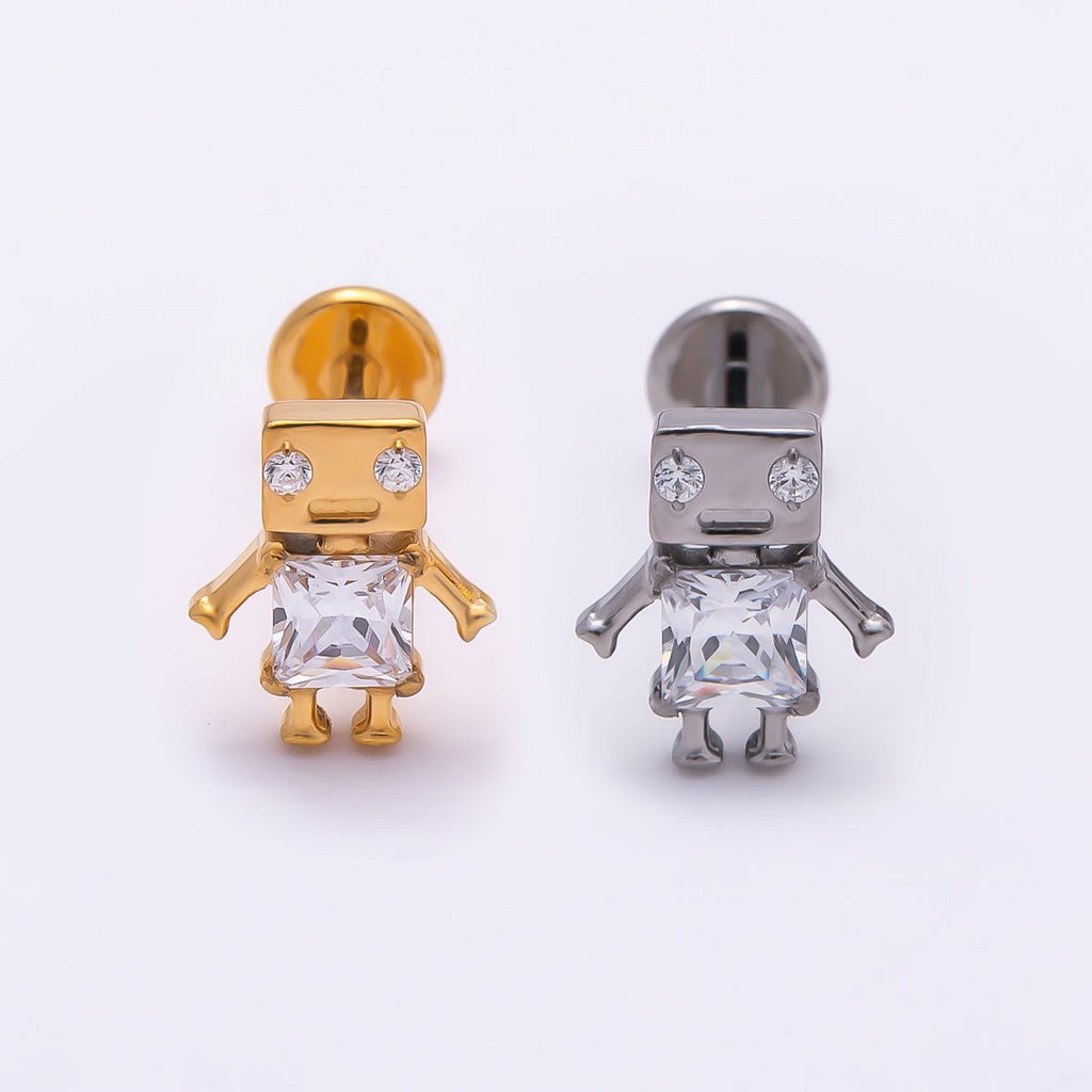 Titanium Clear CZ Robot Cartilage Piercing Flat Back Stud in Gold & Silver | BJ-00088 BJ-00089