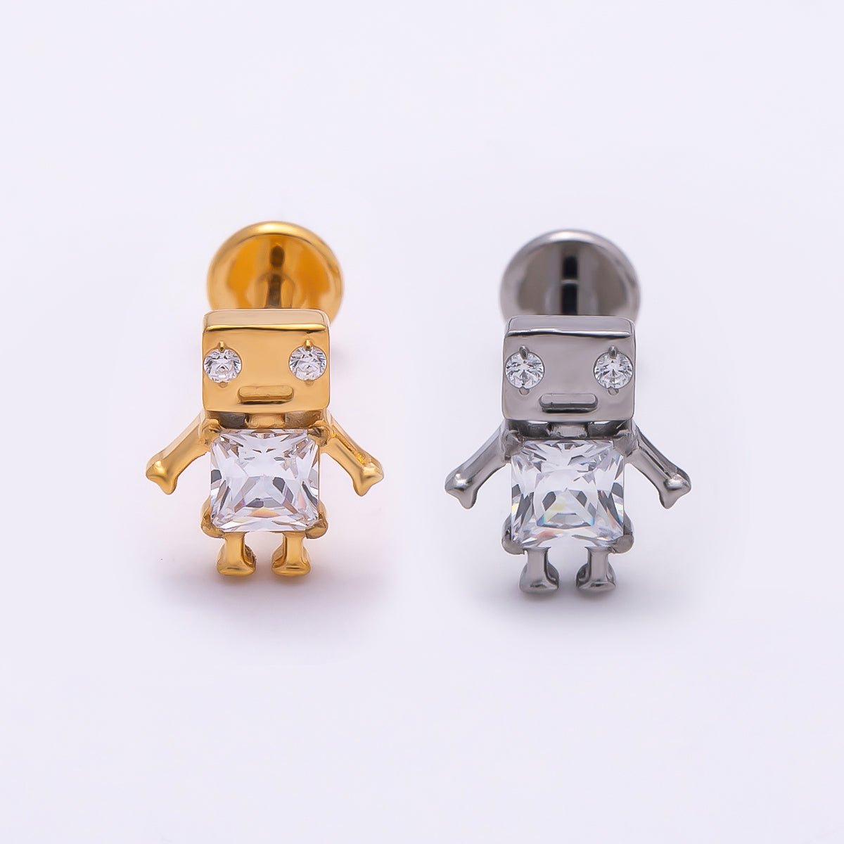 Titanium Clear CZ Robot Cartilage Piercing Flat Back Stud in Gold & Silver | BJ-00088 BJ-00089