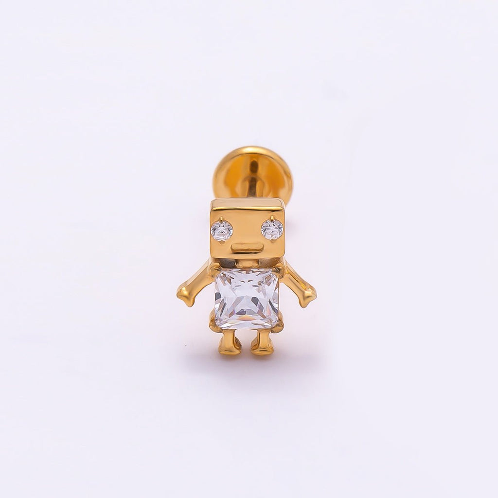 Titanium Clear CZ Robot Cartilage Piercing Flat Back Stud in Gold & Silver | BJ-00088 BJ-00089