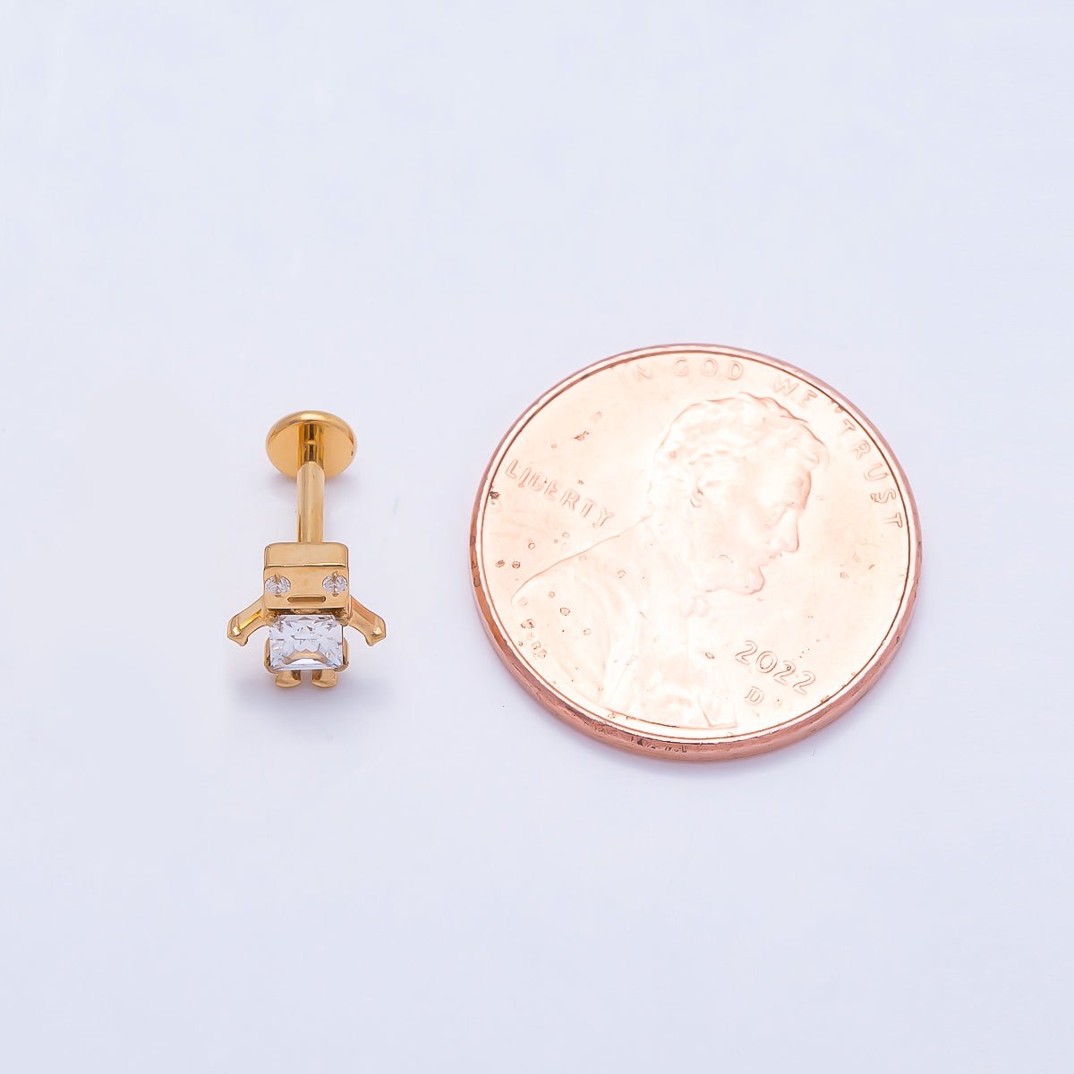 Titanium Clear CZ Robot Cartilage Piercing Flat Back Stud in Gold & Silver | BJ-00088 BJ-00089
