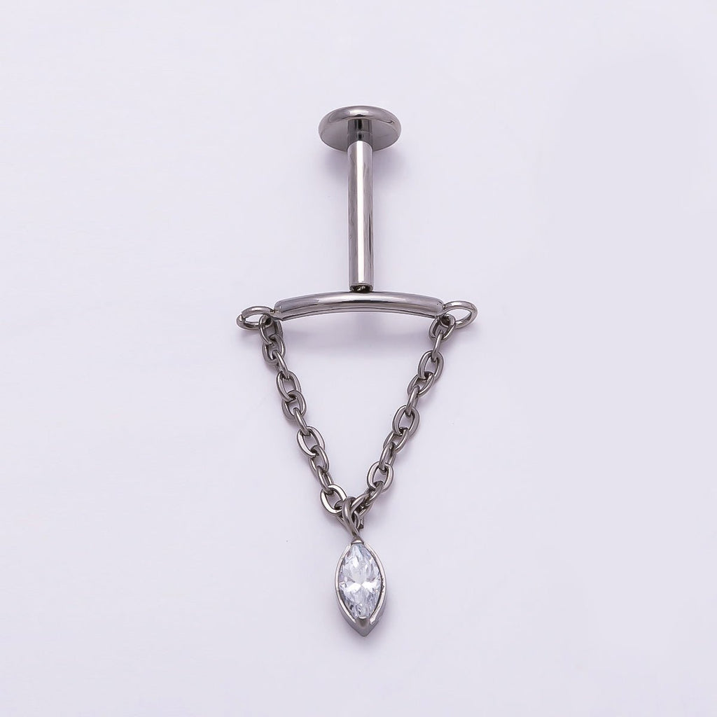 Titanium Marquise CZ Curved Chain Drop Cartilage Piercing Flat Back Stud | BJ-00081