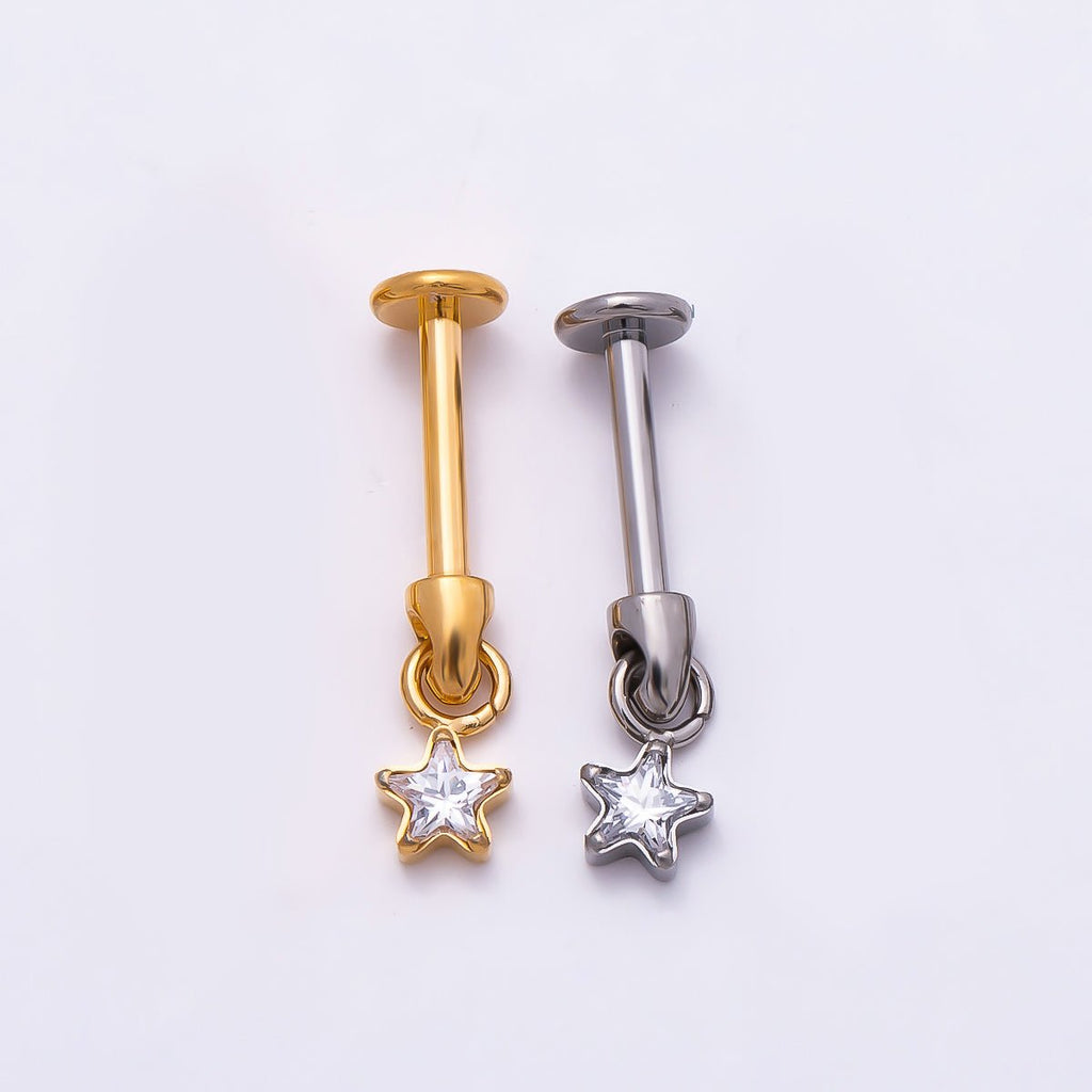 Titanium Star CZ Cartilage Piercing Flat Back Stud in Gold & Silver | BJ-00090 BJ-00091