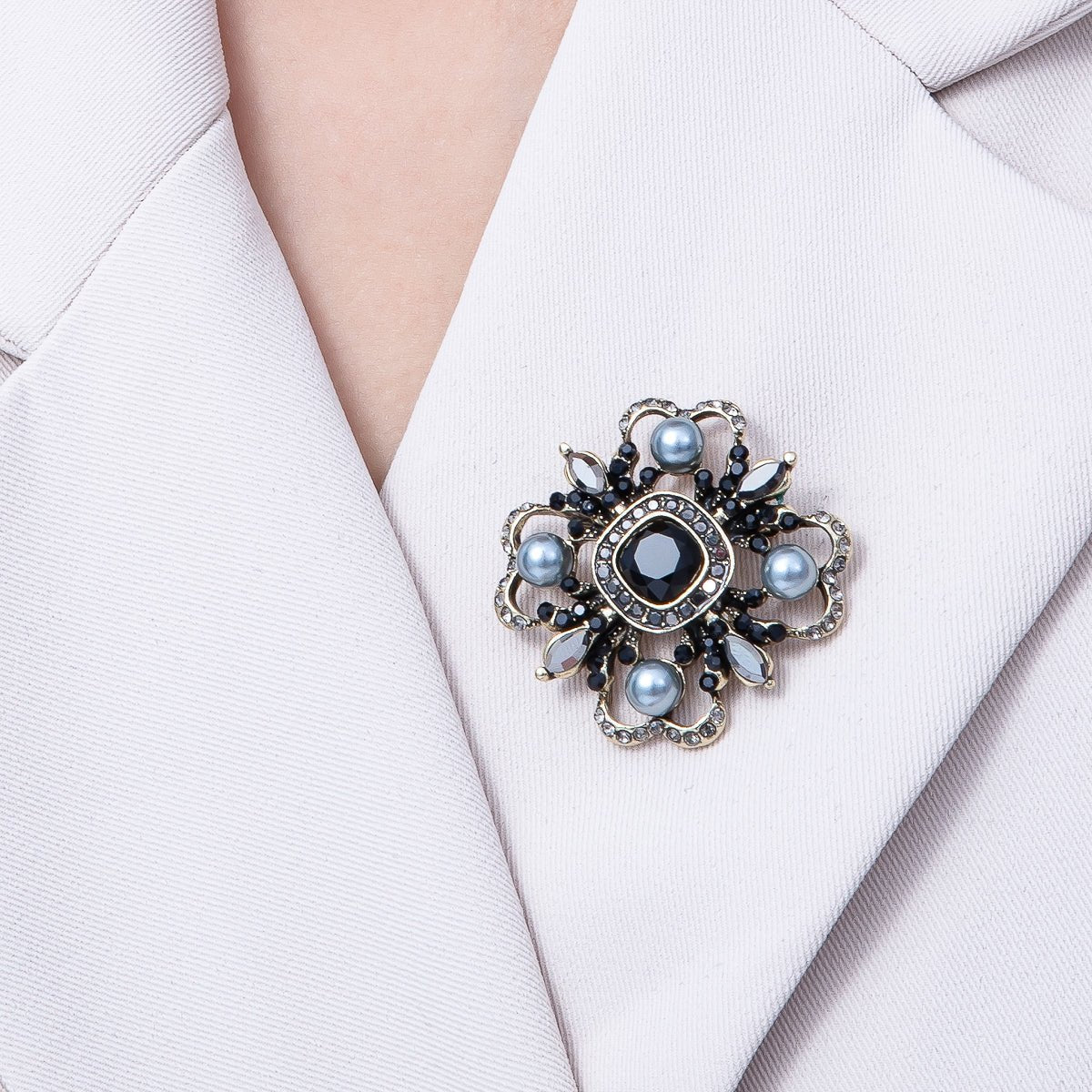 Vintage Antique Gold Black, Green Rhinestone Flower Blue Black Gray Crystal Brooch Pin | BH-00006 BH-00007